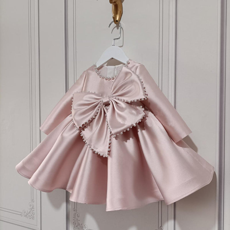 Baby Girl Pageant Big Bow Knot Pearl Long Sleeve Princess Dress