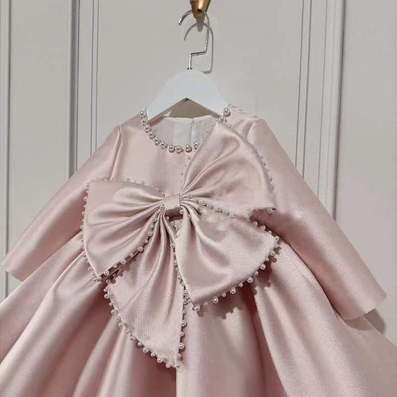 Baby Girl Pageant Big Bow Knot Pearl Long Sleeve Princess Dress