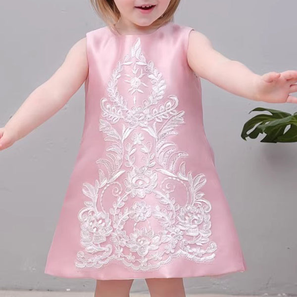 Elegant Baby Girls Pink Embroidered Sleeveless Dress Toddler Flower Girl Puffy Princess Gauze Dress