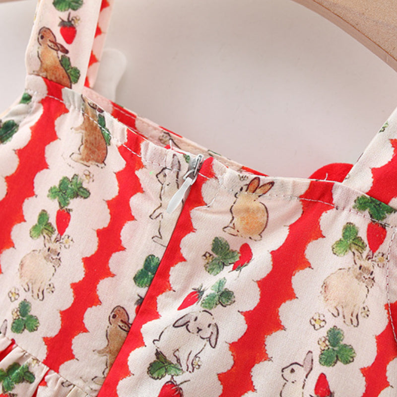 New Summer Girls Strawberry Rabbit Print Vertical Striped Suspender Dress