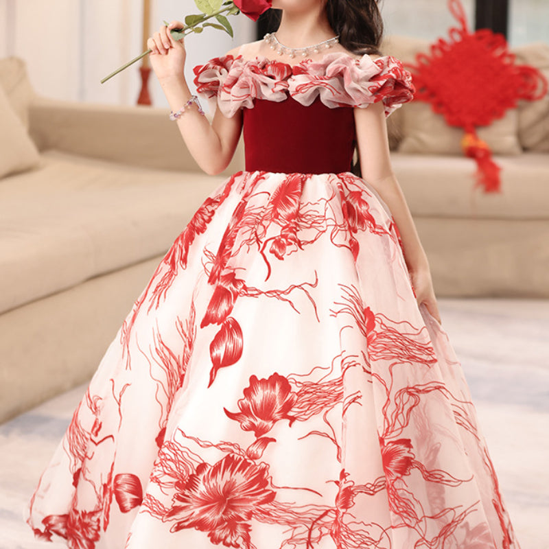 Girls Red Birthday Dress Girls Elegant Prom Princess Dress