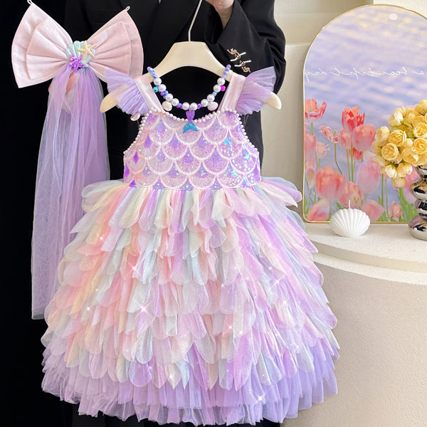 Girls Mermaid Princess Dress Girls Suspender Birthday Dress