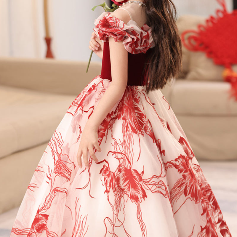 Girls Red Birthday Dress Girls Elegant Prom Princess Dress
