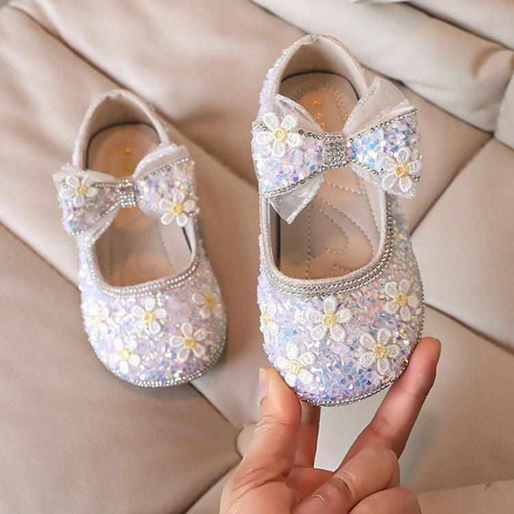 Princess Leather Shoes with Bows and Sparkling Crystals