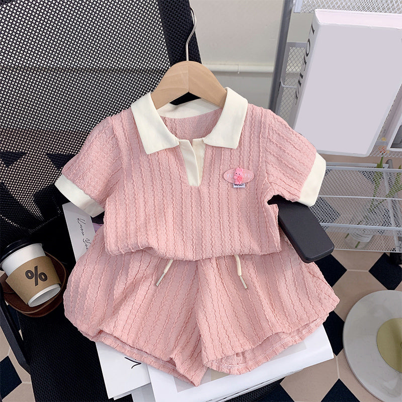 Cute Baby Girl Vertical Striped Polo Shirt Sports Suit