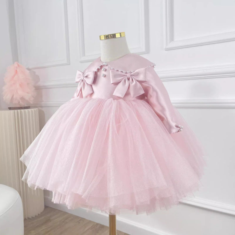 Cute Baby Pink Bow Mesh Evening Prom Dress Toddler Christening Dress