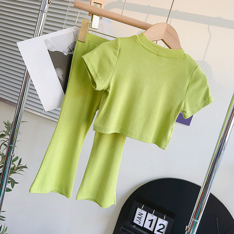 Cute Baby Girl Round Neck Short-sleeved Top Nine-quarter Wide-leg Pants Suit
