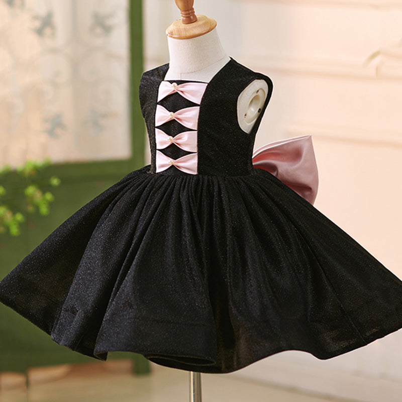 Elegant Baby Girls Black Sleeveless Bow Puff Birthday Dress Toddler Ball Gowns
