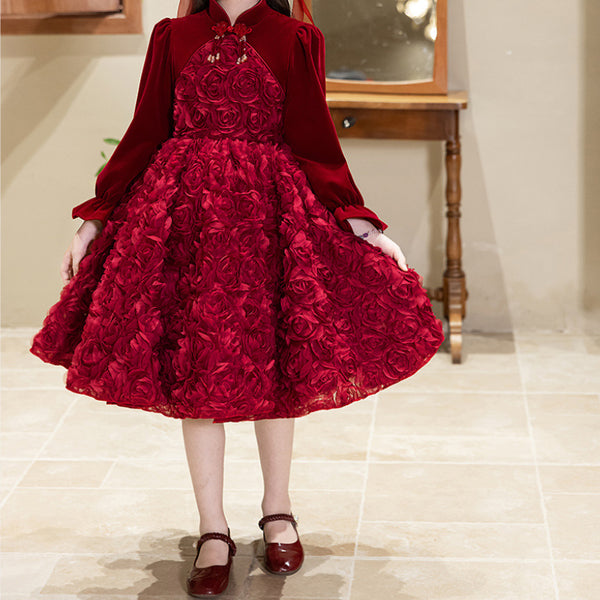 Girls Red Long Sleeve Birthday Dress Children Wedding Princess Dress