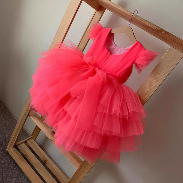 Cute Baby Girl Red Butterfly Sleeve Puffy Cake Dress Toddler Birthday Princess Dress