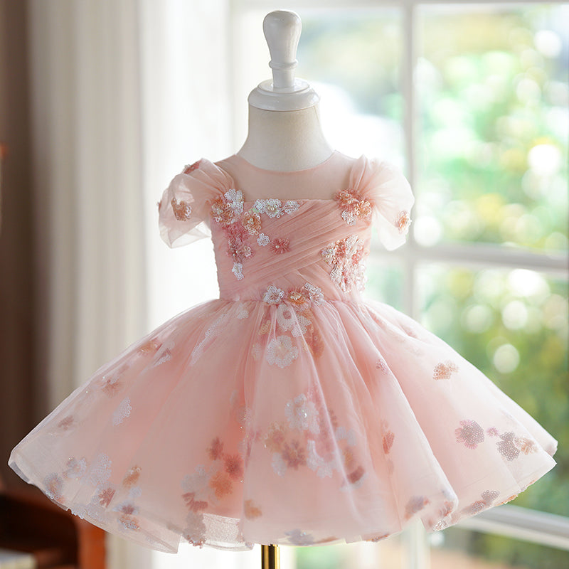 Elegant Baby Girls Pink Sequined Puff Princess Dress Toddler Flower Girl Dress