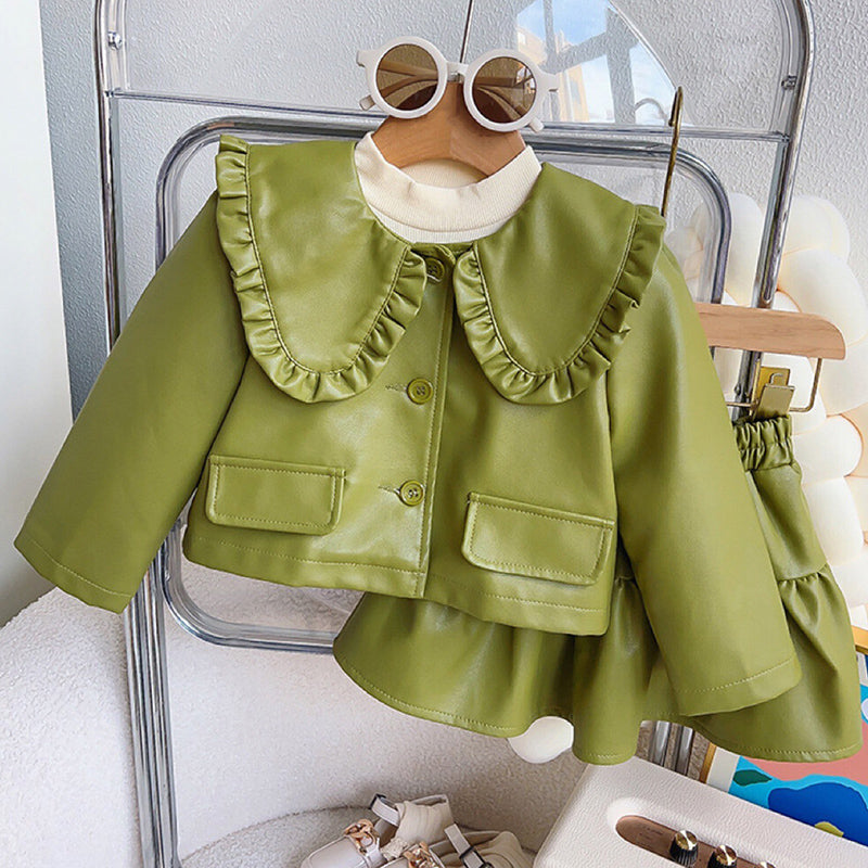 Girls Doll Collar Green Leather Two-piece Set