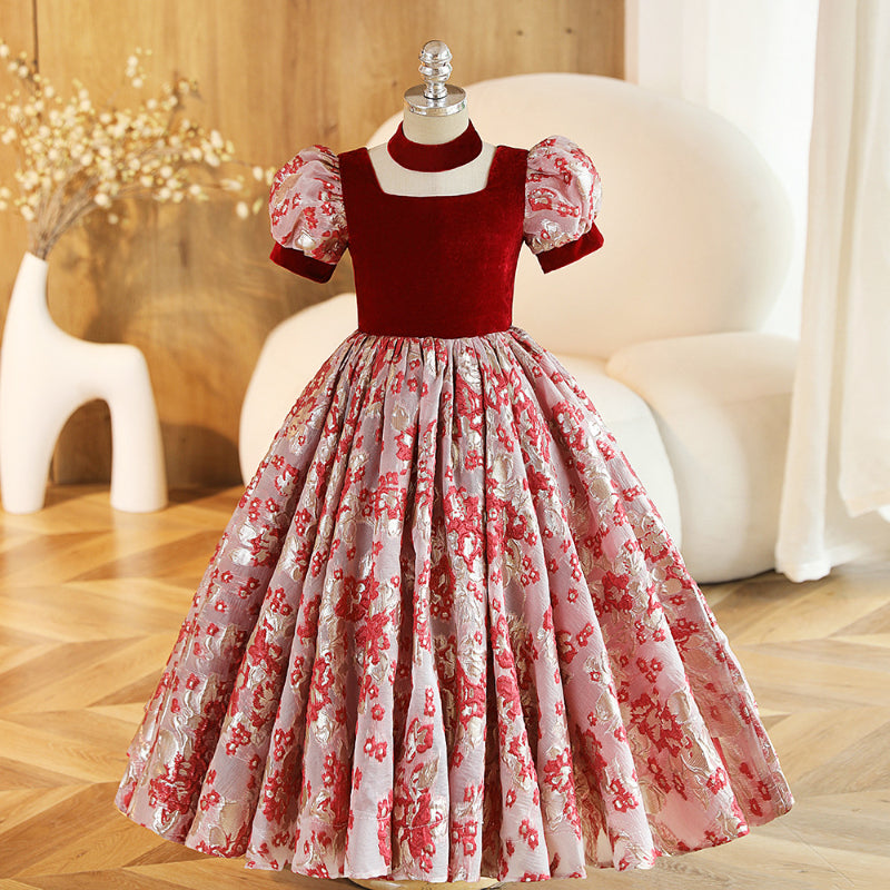 Elegant Baby Girl Burgundy Floral Square Neck Puff Sleeve Pleated Pri marryshe Elegant Baby Girl Burgundy Floral Square Neck Puff Sleeve Pleated Pri marryshe