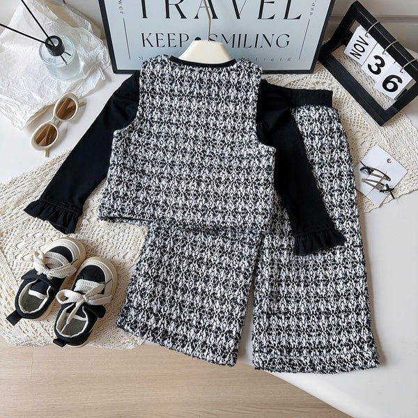 Girls' New Vest Bottoming Shirt and Wide-leg Pants Three-piece Set