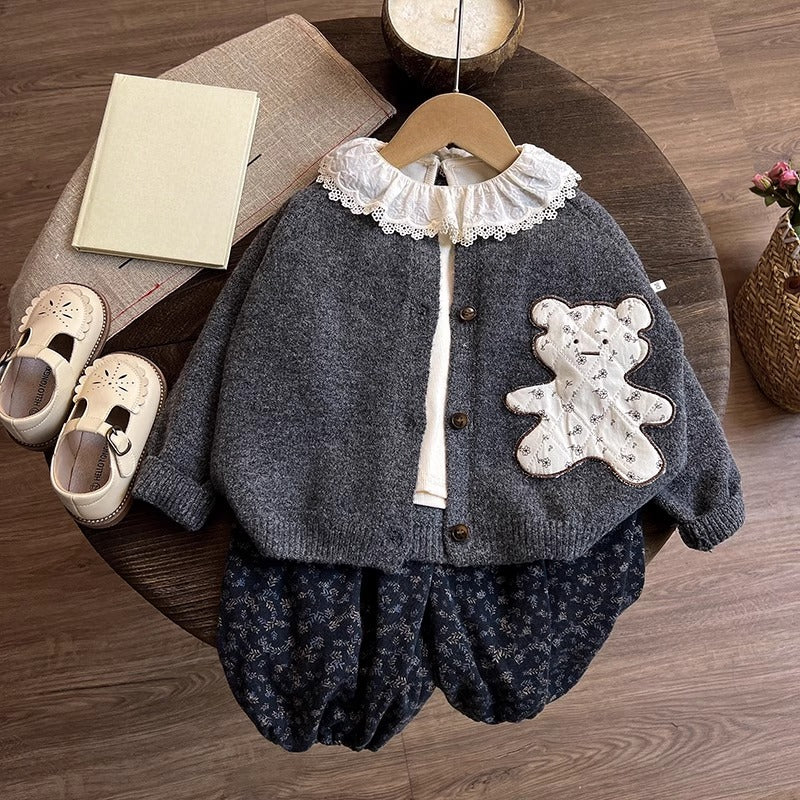 Girls' New Knitted Cardigan Top and Pants Three-piece Set