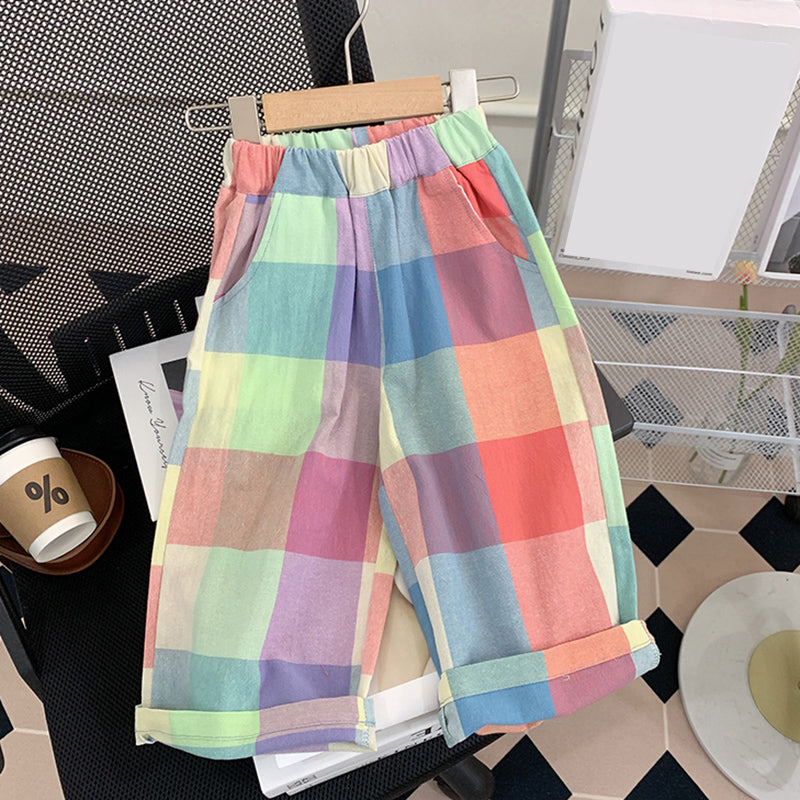 Cute Girls' Two-piece Set of Colorful Plaid Suspender Shorts