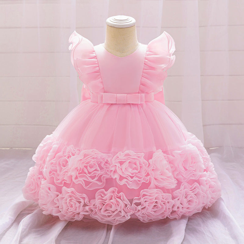 Birthday Dress with Floral Skirt and Small Flying Sleeves