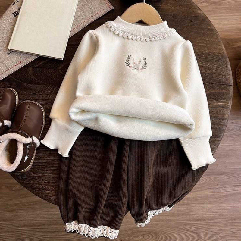 Girls' Winter Fleece Bottoming Sweatshirt and Pants Two-piece Set