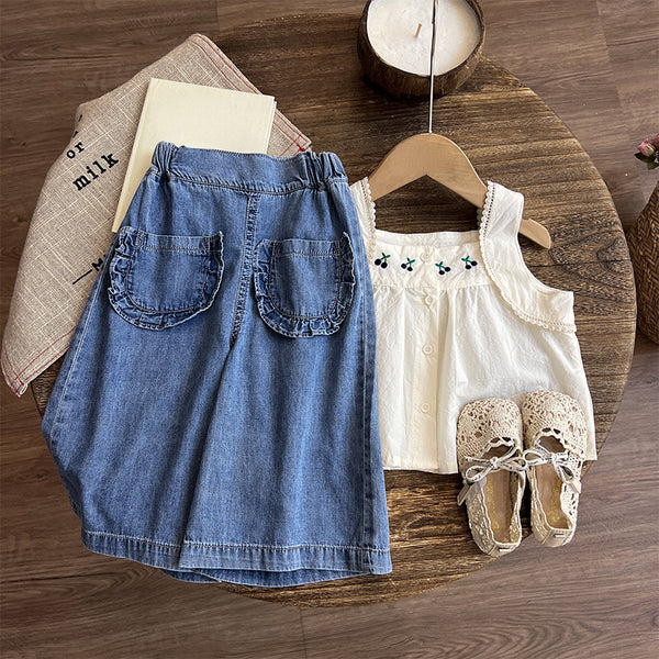 Baby Girl Suspender Denim Wide Leg Pants Suit