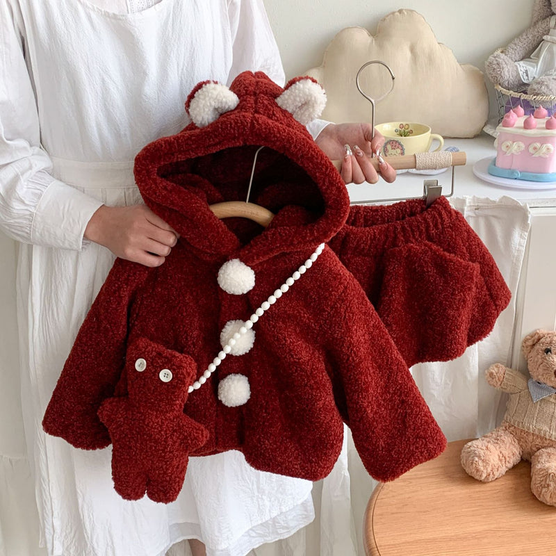Girls Hooded Pom Pom Coat Children's Floral Pants Two-piece Set