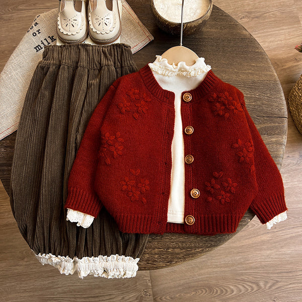 Girls' Autumn New Knitted Sweater Cardigan Bottoming Shirt Pants Three-piece Set