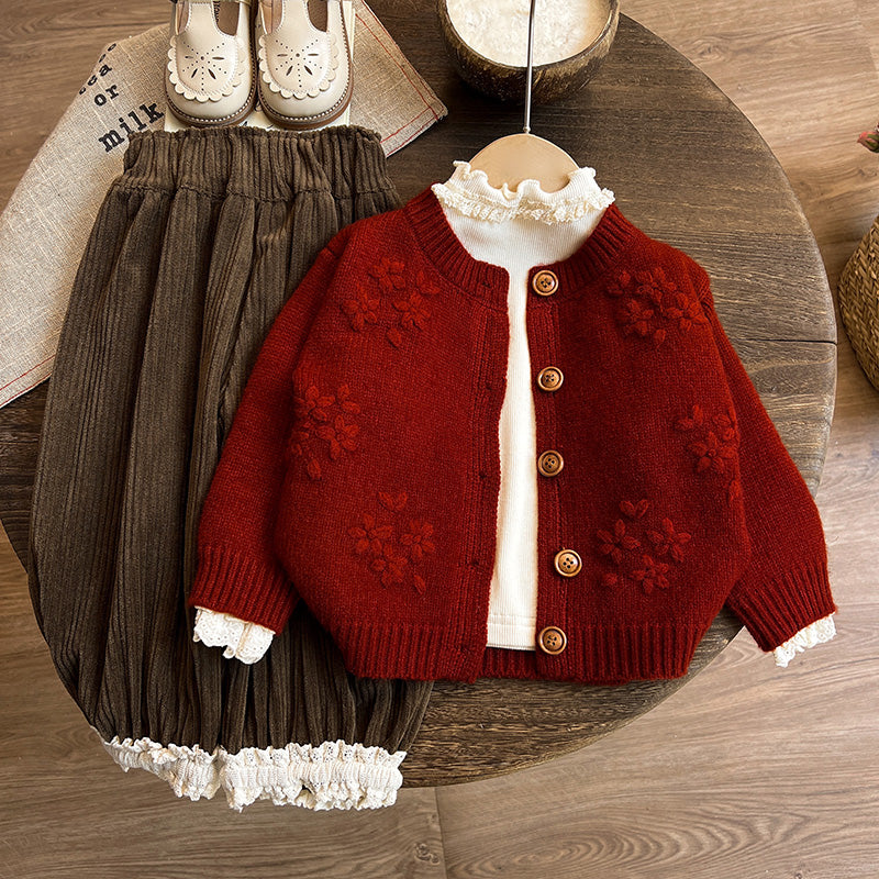 Girls' Autumn New Knitted Sweater Cardigan Bottoming Shirt Pants Three-piece Set
