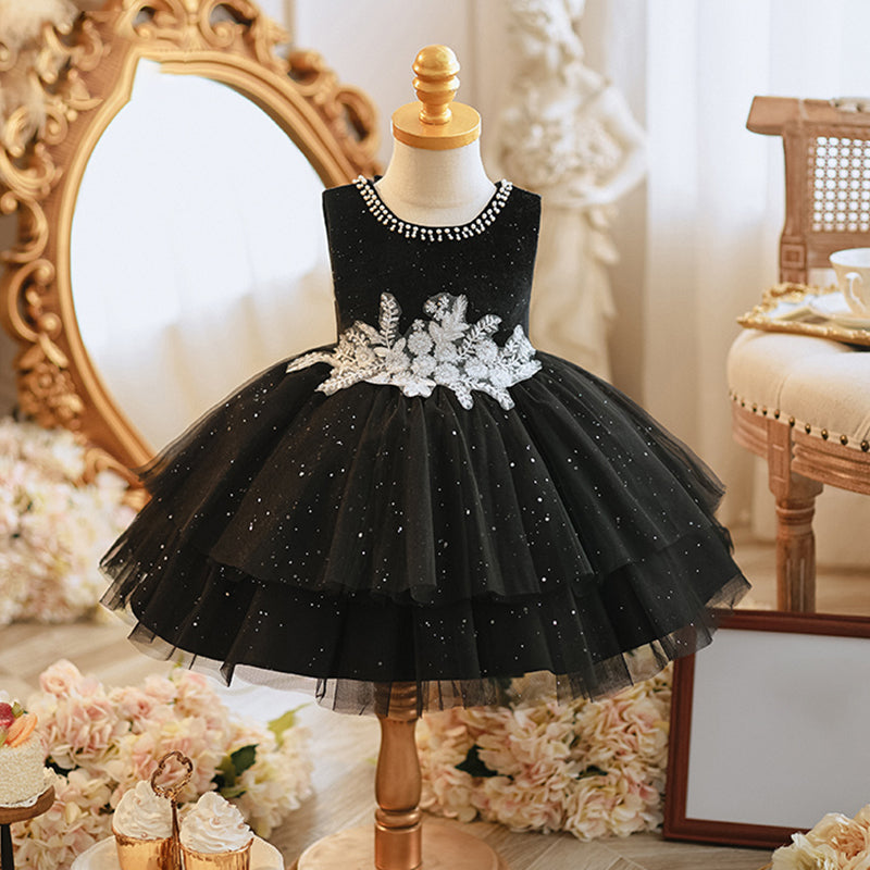 Cute Baby Girl Party Dress Embroidery Birthday Black Princess Dress
