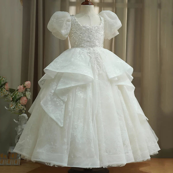 Girl Wedding Birthday Dress Sequin Pattern Puff Sleeve Princess Dress