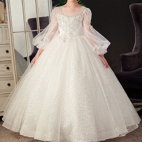 Girls White Sequin Dress Children Birthday Princess Dress