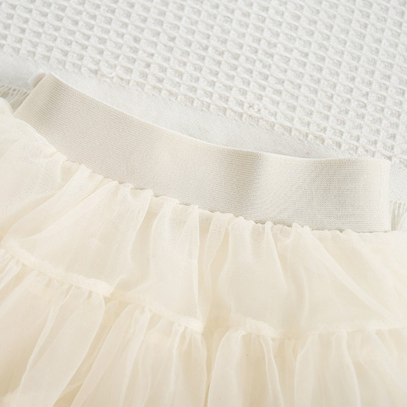 Girls Bowknot Solid Color Knitted Cardigan Mesh Tulle Puffy Skirt Two-Piece Set