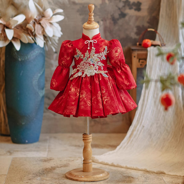 Girls Red Birthday Dress Children Christmas Cheongsam Baby Princess Dress