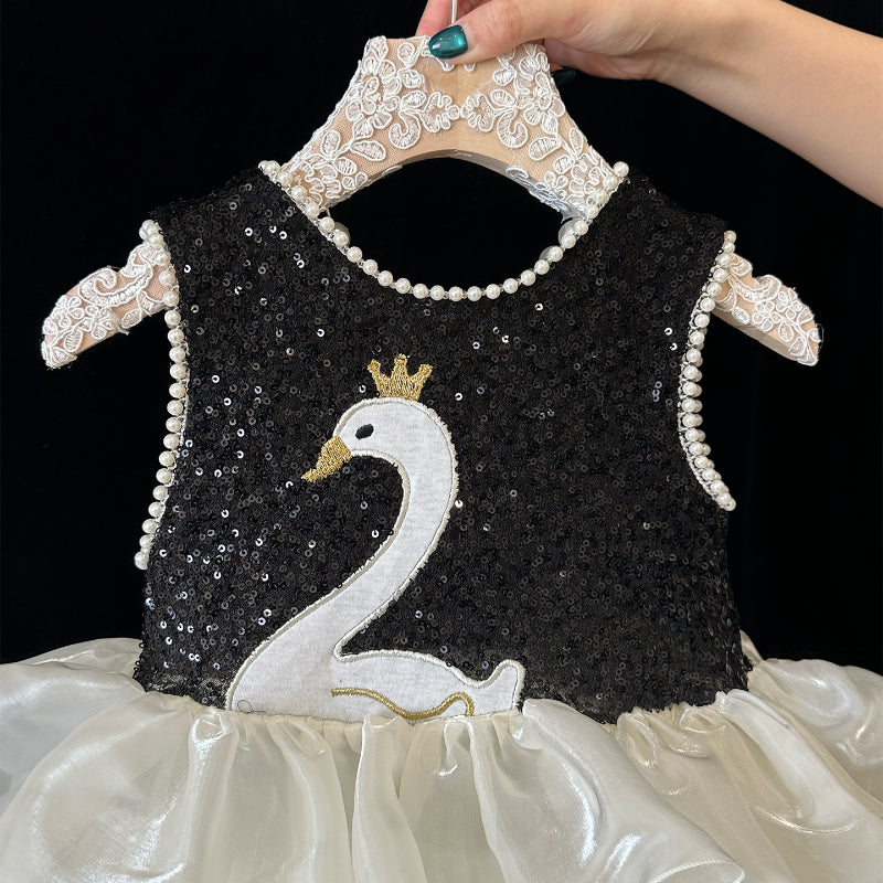 Girls Birthday Dress Girls Black Swan Sequined Vest Dress
