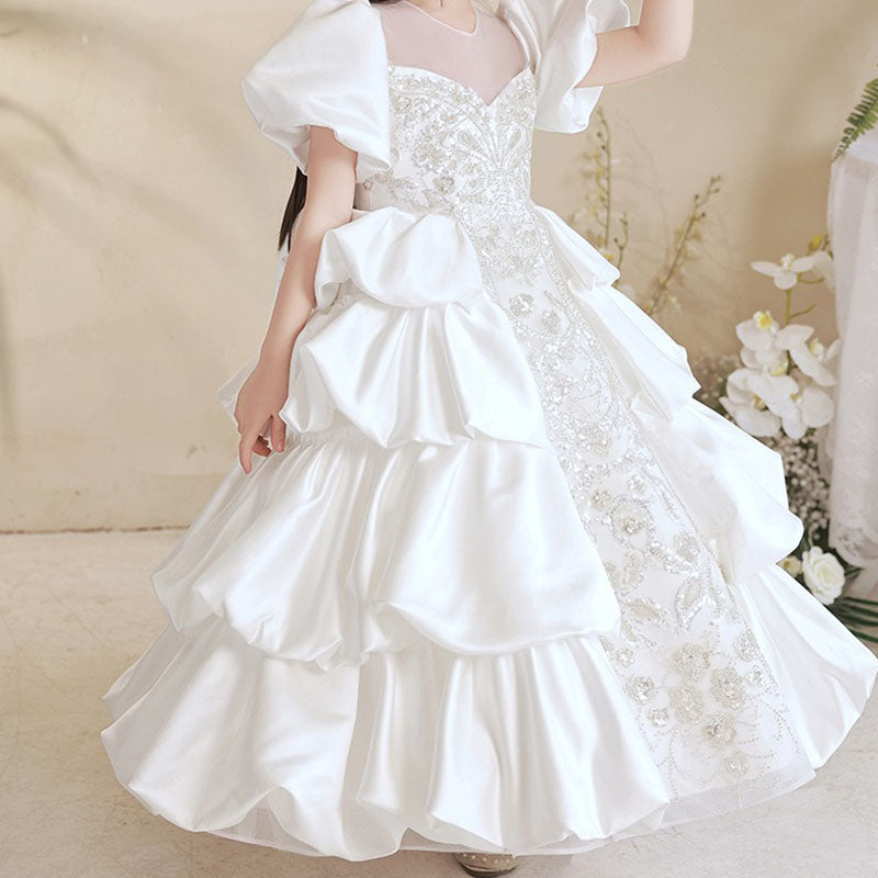 Girls Wedding Birthday Party Splicing Bowknot Princess Dress