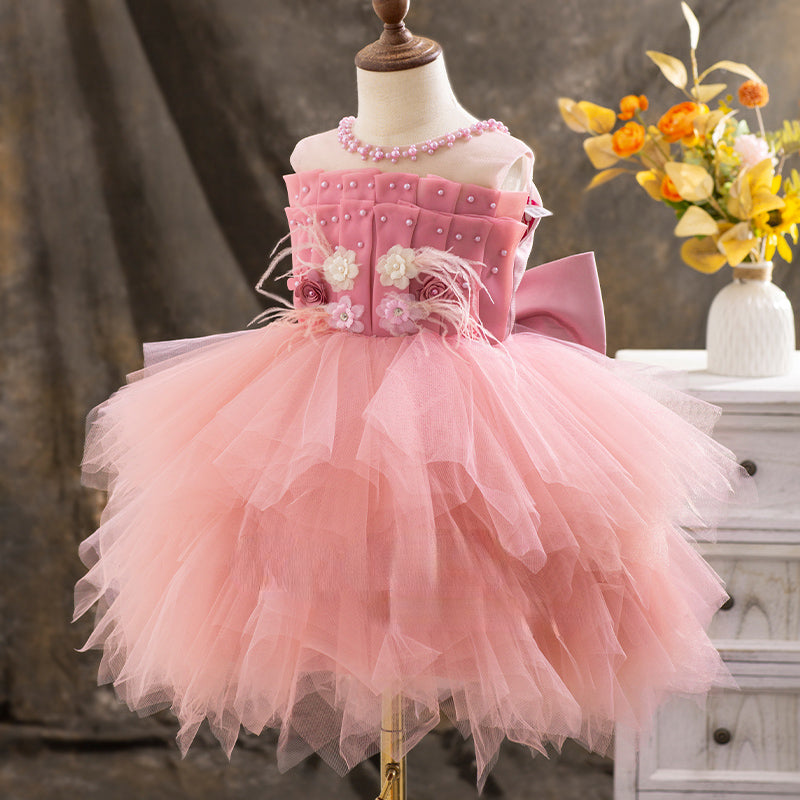 Elegant Baby Floral Beaded Mesh Puff Princess Dress Toddler Ball Gowns