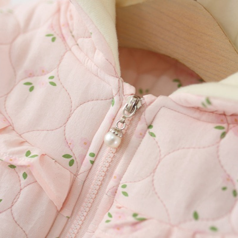 Girls' Winter Floral Print Bunny Ear Cotton Coat