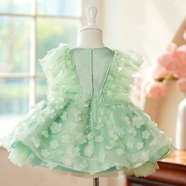Elegant Baby Girls Green Floral Mesh Birthday Puff Dress Toddler Princess Dresses For Girls