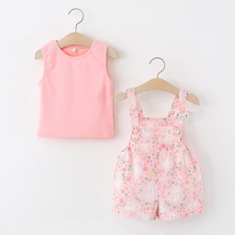 Summer Girls Knitted Sleeveless Top Pure Cotton Overalls Two-Piece Set