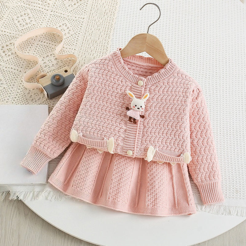 Girls' Cute Cartoon Knitted Cardigan Short Skirt Two-Piece Set