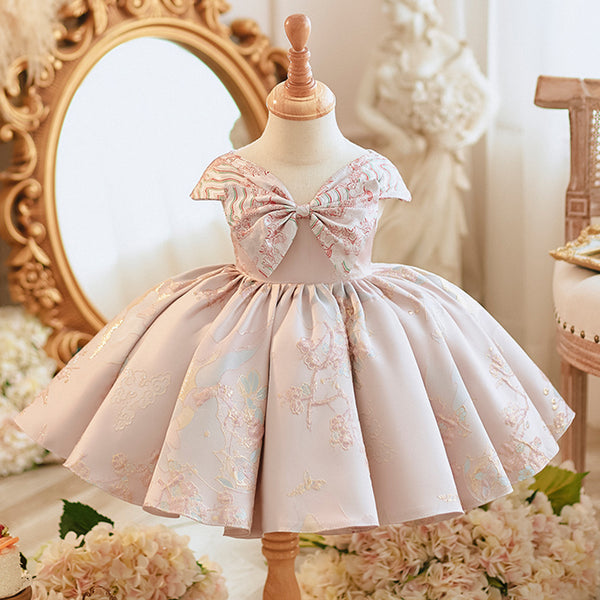 Elegant Baby Girls Pattern Bow Christening Dresses Toddler Party Princess Dresses
