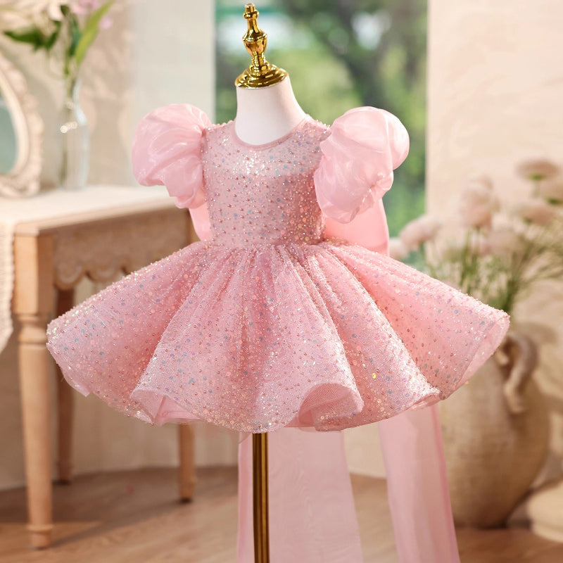 Children's Sequined Dress Flower Girl Wedding Puff Sleeve Dress Girl Birthday Princess Dress