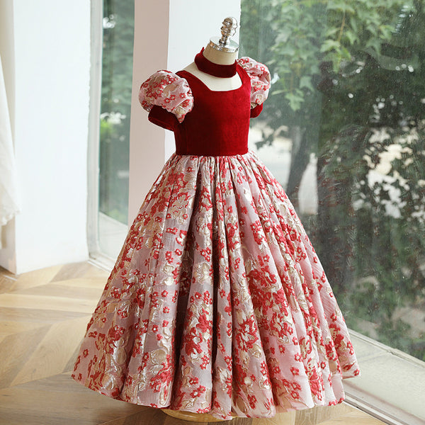 Elegant Baby Girl Burgundy Floral Square Neck Puff Sleeve Pleated Princess Dress Toddler Ball Gowns Toddler Prom Dress