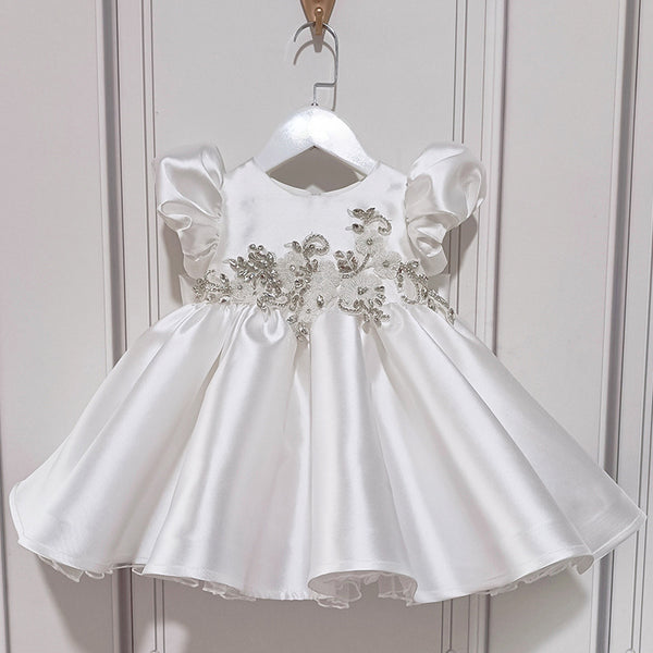 Cute Baby Girl White Satin Three-dimensional Flower First Communion Dress Toddler Prom Dress