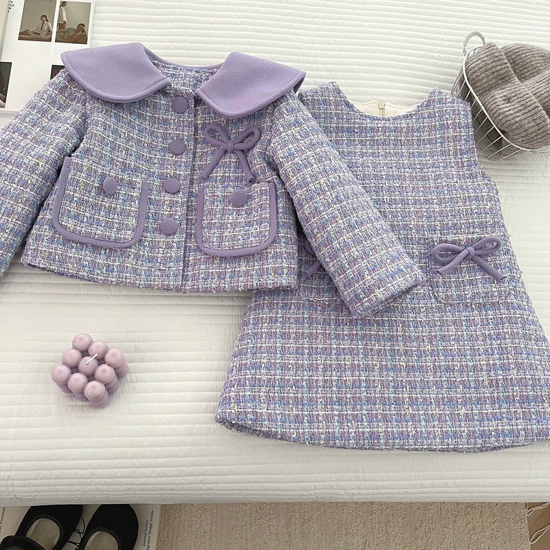 Girls' Winter Collared Plaid Coat Vest Dress Two-Piece Set