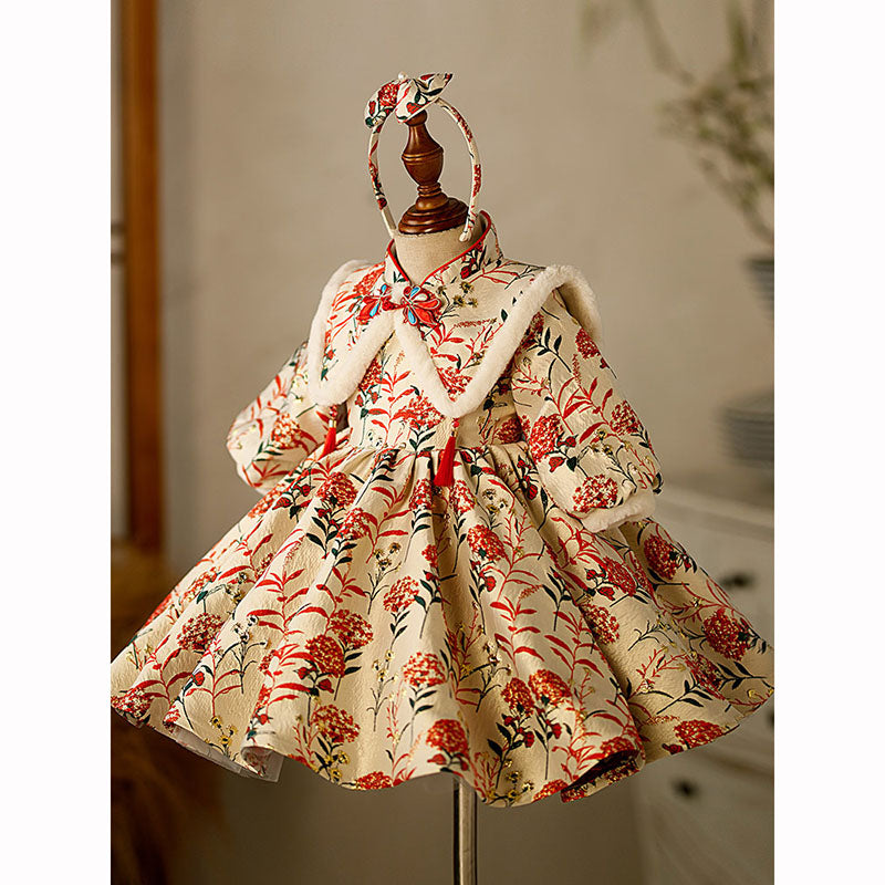 Elegant Baby Girls Floral Disc Button Stand Collar Chinese Style Princess Dress Toddler New Year's Dress