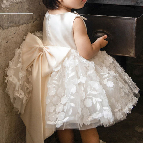 Flower Girl Dresses Baby Girl Summer White Puffy bow Birthday Party Dress Toddler Christening Dresses