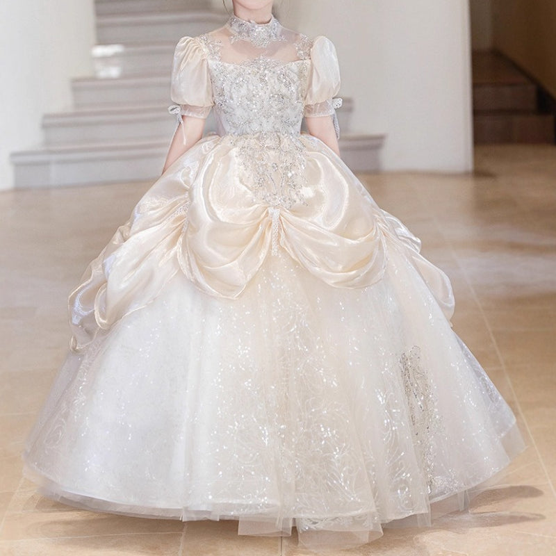 Girls' Prom Dresses Children's Birthday Princess Dresses Flower Girl Wedding Dresses, Champagne / 11-12 Years (160cm)