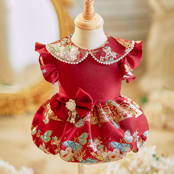 Cute Baby Girl Baptism Dress Red Embroidered Dress Toddler Birthday Trailing Princess Dress Cute Baby Girl Baptism Dress Red Embroidered Dress Toddler Birthday Trailing Princess Dress
