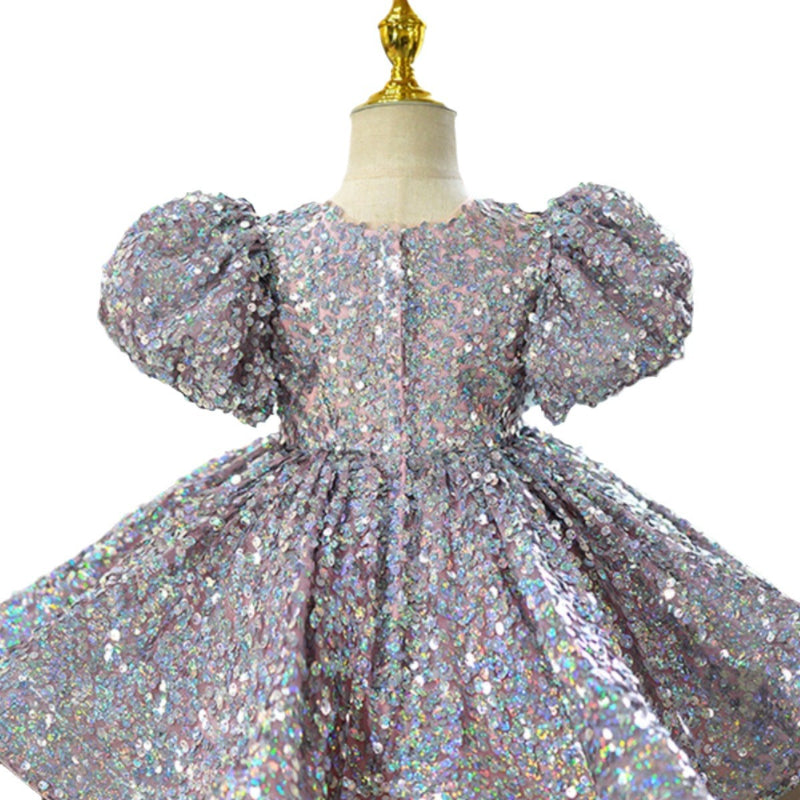 Elegant Baby Silver Sequin Puff Sleeve Puff Dress Toddler Prom Dress