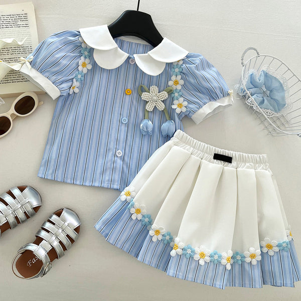 Girls Summer Striped Shirt Flower Pleated Skirt Two-piece Set