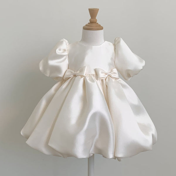 Elegant Baby Girl White Puff Sleeve Bow Cake Dress Toddler Party Dresses